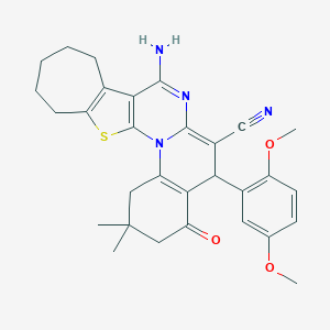 molecular formula C30H32N4O3S B389102 8-amino-5-(2,5-dimethoxyphenyl)-2,2-dimethyl-4-oxo-1,3,4,5,10,11,12,13-octahydro-2H,9H-cyclohepta[4',5']thieno[3',2':5,6]pyrimido[1,2-a]quinoline-6-carbonitrile 