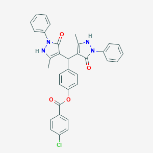 molecular formula C34H27ClN4O4 B389114 4-[bis(5-hydroxy-3-methyl-1-phenyl-1H-pyrazol-4-yl)methyl]phenyl 4-chlorobenzoate 