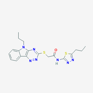 molecular formula C19H21N7OS2 B389117 N-(5-propyl-1,3,4-thiadiazol-2-yl)-2-[(5-propyl-5H-[1,2,4]triazino[5,6-b]indol-3-yl)sulfanyl]acetamide 
