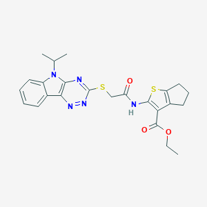 molecular formula C24H25N5O3S2 B389120 ethyl 2-({[(5-isopropyl-5H-[1,2,4]triazino[5,6-b]indol-3-yl)sulfanyl]acetyl}amino)-5,6-dihydro-4H-cyclopenta[b]thiophene-3-carboxylate 