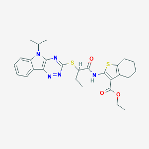 molecular formula C27H31N5O3S2 B389129 ETHYL 2-(2-{[5-(PROPAN-2-YL)-5H-[1,2,4]TRIAZINO[5,6-B]INDOL-3-YL]SULFANYL}BUTANAMIDO)-4,5,6,7-TETRAHYDRO-1-BENZOTHIOPHENE-3-CARBOXYLATE 