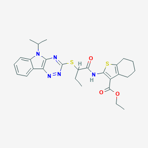 molecular formula C27H31N5O3S2 B389129 ethyl 2-({2-[(5-isopropyl-5H-[1,2,4]triazino[5,6-b]indol-3-yl)sulfanyl]butanoyl}amino)-4,5,6,7-tetrahydro-1-benzothiophene-3-carboxylate 
