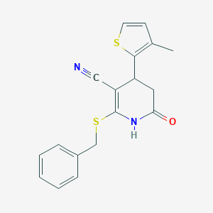 molecular formula C18H16N2OS2 B389130 2-(Benzylsulfanyl)-4-(3-methyl-2-thienyl)-6-oxo-1,4,5,6-tetrahydro-3-pyridinecarbonitrile 