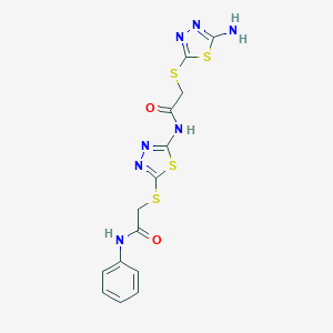 molecular formula C14H13N7O2S4 B389131 2-[(5-amino-1,3,4-thiadiazol-2-yl)sulfanyl]-N-(5-{[2-oxo-2-(phenylamino)ethyl]sulfanyl}-1,3,4-thiadiazol-2-yl)acetamide 