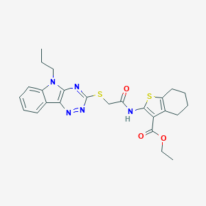 molecular formula C25H27N5O3S2 B389140 ethyl 2-({[(5-propyl-5H-[1,2,4]triazino[5,6-b]indol-3-yl)sulfanyl]acetyl}amino)-4,5,6,7-tetrahydro-1-benzothiophene-3-carboxylate 