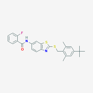 molecular formula C27H27FN2OS2 B389157 N-{2-[(4-tert-butyl-2,6-dimethylbenzyl)sulfanyl]-1,3-benzothiazol-6-yl}-2-fluorobenzamide 