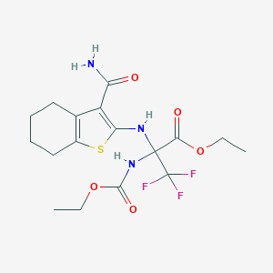 molecular formula C17H22F3N3O5S B389158 Ethyl 2-[(3-carbamoyl-4,5,6,7-tetrahydro-1-benzothiophen-2-yl)amino]-2-(ethoxycarbonylamino)-3,3,3-trifluoropropanoate CAS No. 296891-66-2