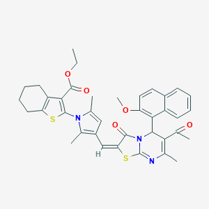 molecular formula C38H37N3O5S2 B389166 ethyl 2-{3-[(6-acetyl-5-(2-methoxy-1-naphthyl)-7-methyl-3-oxo-5H-[1,3]thiazolo[3,2-a]pyrimidin-2(3H)-ylidene)methyl]-2,5-dimethyl-1H-pyrrol-1-yl}-4,5,6,7-tetrahydro-1-benzothiophene-3-carboxylate 