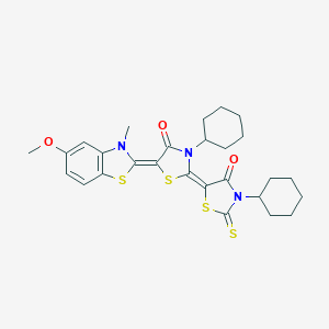 molecular formula C27H31N3O3S4 B389178 (5Z)-3-cyclohexyl-5-[(5Z)-3-cyclohexyl-5-(5-methoxy-3-methyl-1,3-benzothiazol-2(3H)-ylidene)-4-oxo-1,3-thiazolidin-2-ylidene]-2-thioxo-1,3-thiazolidin-4-one 