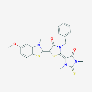 molecular formula C24H22N4O3S3 B389180 3-benzyl-2-(1,3-dimethyl-5-oxo-2-thioxo-4-imidazolidinylidene)-5-(5-methoxy-3-methyl-1,3-benzothiazol-2(3H)-ylidene)-1,3-thiazolidin-4-one 