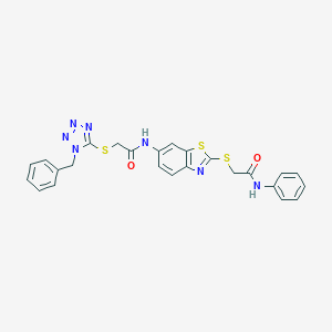 molecular formula C25H21N7O2S3 B389183 2-[(1-benzyl-1H-tetrazol-5-yl)sulfanyl]-N-(2-{[2-oxo-2-(phenylamino)ethyl]sulfanyl}-1,3-benzothiazol-6-yl)acetamide 