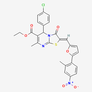 molecular formula C28H22ClN3O6S B3891849 ethyl (2Z)-5-(4-chlorophenyl)-7-methyl-2-[[5-(2-methyl-4-nitrophenyl)furan-2-yl]methylidene]-3-oxo-5H-[1,3]thiazolo[3,2-a]pyrimidine-6-carboxylate 