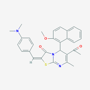 molecular formula C29H27N3O3S B389199 (2E)-6-acetyl-2-[4-(dimethylamino)benzylidene]-5-(2-methoxynaphthalen-1-yl)-7-methyl-5H-[1,3]thiazolo[3,2-a]pyrimidin-3(2H)-one 
