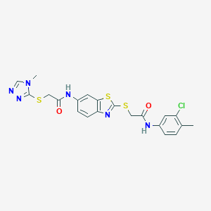 molecular formula C21H19ClN6O2S3 B389201 N-[2-({[(3-CHLORO-4-METHYLPHENYL)CARBAMOYL]METHYL}SULFANYL)-1,3-BENZOTHIAZOL-6-YL]-2-[(4-METHYL-4H-1,2,4-TRIAZOL-3-YL)SULFANYL]ACETAMIDE 