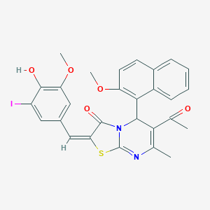 molecular formula C28H23IN2O5S B389204 6-ACETYL-2-[(E)-1-(4-HYDROXY-3-IODO-5-METHOXYPHENYL)METHYLIDENE]-5-(2-METHOXY-1-NAPHTHYL)-7-METHYL-5H-[1,3]THIAZOLO[3,2-A]PYRIMIDIN-3(2H)-ONE 