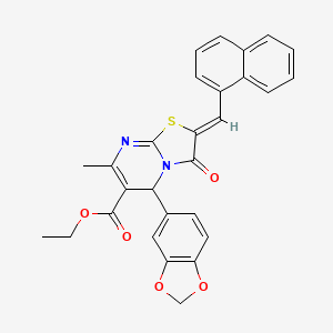 molecular formula C28H22N2O5S B3892344 ETHYL (2Z)-5-(2H-1,3-BENZODIOXOL-5-YL)-7-METHYL-2-[(NAPHTHALEN-1-YL)METHYLIDENE]-3-OXO-2H,3H,5H-[1,3]THIAZOLO[3,2-A]PYRIMIDINE-6-CARBOXYLATE 