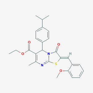 molecular formula C27H28N2O4S B389235 ethyl 5-(4-isopropylphenyl)-2-(2-methoxybenzylidene)-7-methyl-3-oxo-2,3-dihydro-5H-[1,3]thiazolo[3,2-a]pyrimidine-6-carboxylate 