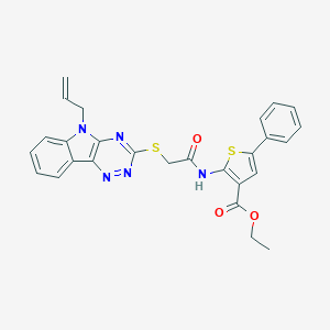 molecular formula C27H23N5O3S2 B389242 ethyl 2-({[(5-allyl-5H-[1,2,4]triazino[5,6-b]indol-3-yl)sulfanyl]acetyl}amino)-5-phenyl-3-thiophenecarboxylate 