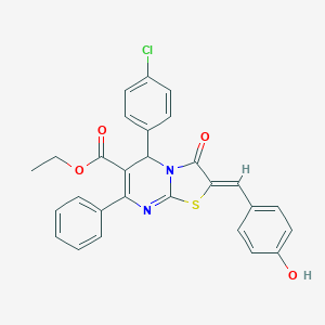 molecular formula C28H21ClN2O4S B389285 ethyl 5-(4-chlorophenyl)-2-(4-hydroxybenzylidene)-3-oxo-7-phenyl-2,3-dihydro-5H-[1,3]thiazolo[3,2-a]pyrimidine-6-carboxylate 