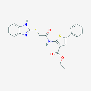 molecular formula C22H19N3O3S2 B389308 Ethyl2-(2-((1H-benzo[d]imidazol-2-yl)thio)acetamido)-5-phenylthiophene-3-carboxylate CAS No. 726137-03-7