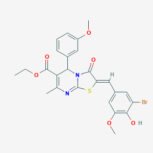 molecular formula C25H23BrN2O6S B389310 ETHYL (2Z)-2-[(3-BROMO-4-HYDROXY-5-METHOXYPHENYL)METHYLIDENE]-5-(3-METHOXYPHENYL)-7-METHYL-3-OXO-2H,3H,5H-[1,3]THIAZOLO[3,2-A]PYRIMIDINE-6-CARBOXYLATE 