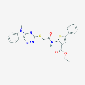 molecular formula C25H21N5O3S2 B389312 ETHYL 2-[2-({5-METHYL-5H-[1,2,4]TRIAZINO[5,6-B]INDOL-3-YL}SULFANYL)ACETAMIDO]-5-PHENYLTHIOPHENE-3-CARBOXYLATE 
