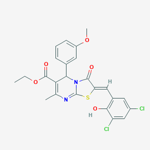 molecular formula C24H20Cl2N2O5S B389345 ETHYL (2Z)-2-[(3,5-DICHLORO-2-HYDROXYPHENYL)METHYLIDENE]-5-(3-METHOXYPHENYL)-7-METHYL-3-OXO-2H,3H,5H-[1,3]THIAZOLO[3,2-A]PYRIMIDINE-6-CARBOXYLATE 