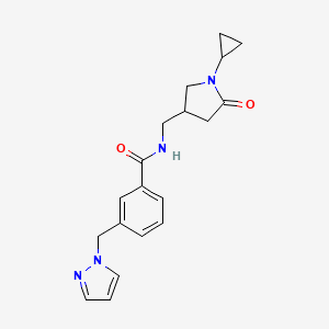 molecular formula C19H22N4O2 B3893817 N-[(1-cyclopropyl-5-oxopyrrolidin-3-yl)methyl]-3-(1H-pyrazol-1-ylmethyl)benzamide 