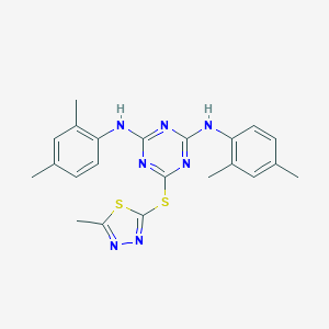 molecular formula C22H23N7S2 B389396 N2,N4-BIS(2,4-DIMETHYLPHENYL)-6-[(5-METHYL-1,3,4-THIADIAZOL-2-YL)SULFANYL]-1,3,5-TRIAZINE-2,4-DIAMINE CAS No. 296900-20-4