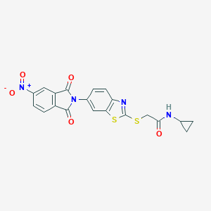 molecular formula C20H14N4O5S2 B389428 N-CYCLOPROPYL-2-{[6-(5-NITRO-1,3-DIOXO-2,3-DIHYDRO-1H-ISOINDOL-2-YL)-1,3-BENZOTHIAZOL-2-YL]SULFANYL}ACETAMIDE 