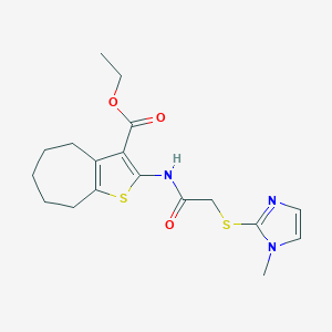 molecular formula C18H23N3O3S2 B389464 ETHYL 2-({2-[(1-METHYL-1H-IMIDAZOL-2-YL)SULFANYL]ACETYL}AMINO)-5,6,7,8-TETRAHYDRO-4H-CYCLOHEPTA[B]THIOPHENE-3-CARBOXYLATE 