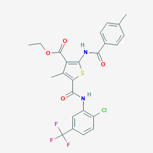 molecular formula C24H20ClF3N2O4S B389490 ETHYL 5-{[2-CHLORO-5-(TRIFLUOROMETHYL)PHENYL]CARBAMOYL}-4-METHYL-2-(4-METHYLBENZAMIDO)THIOPHENE-3-CARBOXYLATE 