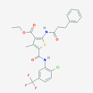 molecular formula C25H22ClF3N2O4S B389491 ETHYL 5-{[2-CHLORO-5-(TRIFLUOROMETHYL)PHENYL]CARBAMOYL}-4-METHYL-2-(3-PHENYLPROPANAMIDO)THIOPHENE-3-CARBOXYLATE 