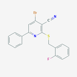 molecular formula C19H12BrFN2S B390216 4-Bromo-2-[(2-fluorobenzyl)sulfanyl]-6-phenylnicotinonitrile 