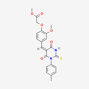 molecular formula C22H20N2O6S B3902766 methyl (2-methoxy-4-{(E)-[1-(4-methylphenyl)-4,6-dioxo-2-thioxotetrahydropyrimidin-5(2H)-ylidene]methyl}phenoxy)acetate 