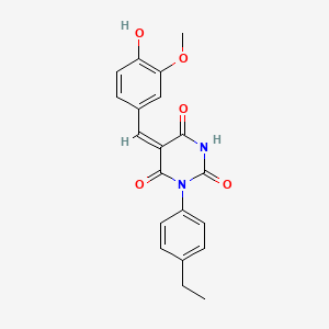 molecular formula C20H18N2O5 B3903371 (5E)-1-(4-ethylphenyl)-5-(4-hydroxy-3-methoxybenzylidene)pyrimidine-2,4,6(1H,3H,5H)-trione 