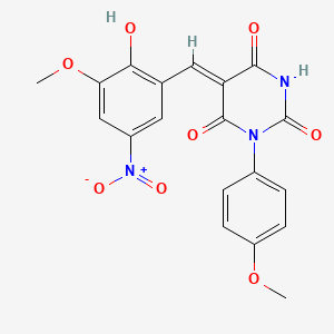 molecular formula C19H15N3O8 B3904239 (5Z)-5-[(2-hydroxy-3-methoxy-5-nitrophenyl)methylidene]-1-(4-methoxyphenyl)-1,3-diazinane-2,4,6-trione 