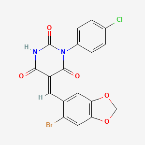 molecular formula C18H10BrClN2O5 B3905668 (5Z)-5-[(6-BROMO-2H-1,3-BENZODIOXOL-5-YL)METHYLIDENE]-1-(4-CHLOROPHENYL)-1,3-DIAZINANE-2,4,6-TRIONE 