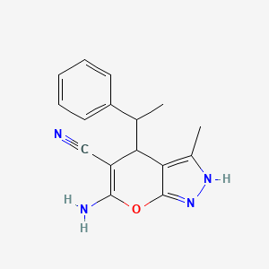 molecular formula C16H16N4O B3908299 6-AMINO-3-METHYL-4-(1-PHENYLETHYL)-2,4-DIHYDROPYRANO[2,3-C]PYRAZOL-5-YL CYANIDE 