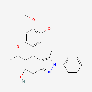 molecular formula C25H28N2O4 B3908486 1-[4-(3,4-dimethoxyphenyl)-6-hydroxy-3,6-dimethyl-2-phenyl-5,7-dihydro-4H-indazol-5-yl]ethanone 