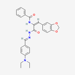 molecular formula C28H28N4O4 B3908839 N-[(1E)-1-(1,3-benzodioxol-5-yl)-3-{(2E)-2-[4-(diethylamino)benzylidene]hydrazinyl}-3-oxoprop-1-en-2-yl]benzamide 