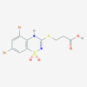 molecular formula C10H8Br2N2O4S2 B039122 3-[(2-Carboxyethyl)thio]-5,7-dibromo-4H-1,2,4-benzothiadiazine 1,1-dioxide CAS No. 124802-92-2