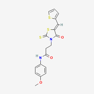 molecular formula C18H16N2O3S3 B3912935 N-(4-methoxyphenyl)-3-[(5Z)-4-oxo-2-sulfanylidene-5-(thiophen-2-ylmethylidene)-1,3-thiazolidin-3-yl]propanamide 