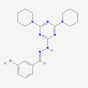 molecular formula C20H27N7O B391304 3-[(E)-{2-[4,6-BIS(PIPERIDIN-1-YL)-1,3,5-TRIAZIN-2-YL]HYDRAZIN-1-YLIDENE}METHYL]PHENOL 