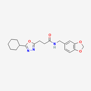 molecular formula C19H23N3O4 B3913093 N-(1,3-benzodioxol-5-ylmethyl)-3-(5-cyclohexyl-1,3,4-oxadiazol-2-yl)propanamide 