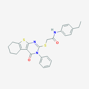 molecular formula C26H25N3O2S2 B391493 N-(4-ethylphenyl)-2-[(4-oxo-3-phenyl-3,4,5,6,7,8-hexahydro[1]benzothieno[2,3-d]pyrimidin-2-yl)sulfanyl]acetamide CAS No. 329922-26-1