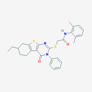 molecular formula C28H29N3O2S2 B391655 N-(2,6-dimethylphenyl)-2-[(7-ethyl-4-oxo-3-phenyl-3,4,5,6,7,8-hexahydro[1]benzothieno[2,3-d]pyrimidin-2-yl)sulfanyl]acetamide 