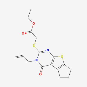 molecular formula C16H18N2O3S2 B3916580 Ethyl 2-(4-oxo-3-prop-2-enyl-3,5,6,7-tetrahydrocyclopenta[2,1-d]pyrimidino[4,5-b]thiophen-2-ylthio)acetate 