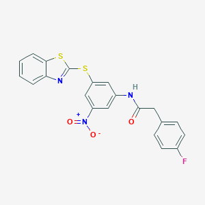 molecular formula C21H14FN3O3S2 B391859 N-[3-(1,3-benzothiazol-2-ylsulfanyl)-5-nitrophenyl]-2-(4-fluorophenyl)acetamide 