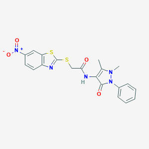 molecular formula C20H17N5O4S2 B392118 N-(1,5-dimethyl-3-oxo-2-phenyl-2,3-dihydro-1H-pyrazol-4-yl)-2-[(6-nitro-1,3-benzothiazol-2-yl)sulfanyl]acetamide 